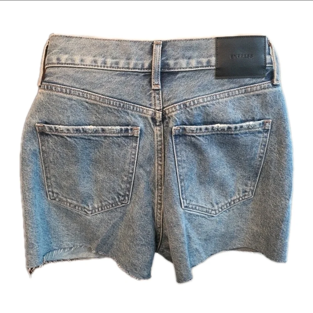 214 Express Blue Distressed 'Rigid' 2" Inseam High Rise Jean Shorts - Picture 4 of 5